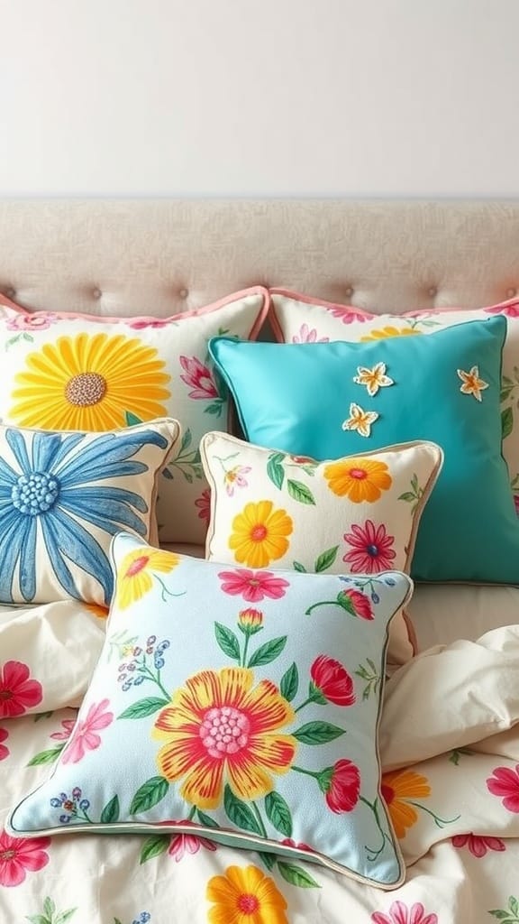 A collection of decorative pillows with floral patterns in bright colors arranged on a bed.