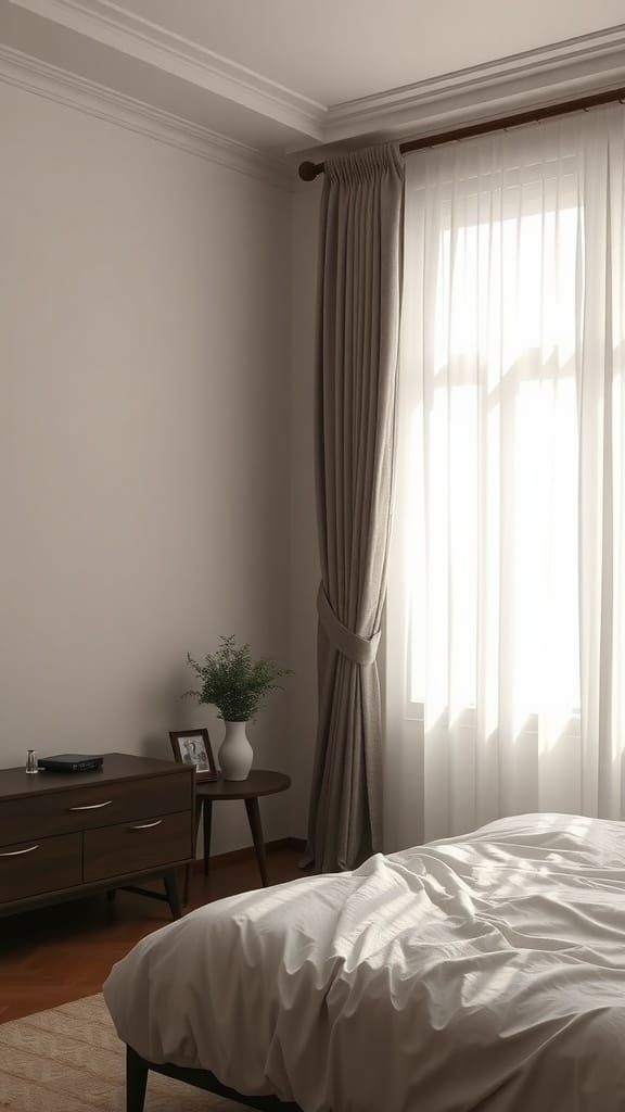 A bedroom with sheer curtains letting in soft light, creating an airy atmosphere.