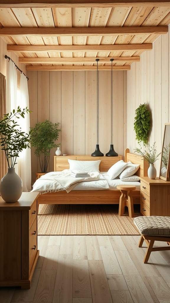 A rustic wooden bedroom featuring natural wood tones, soft bedding, and green plants.