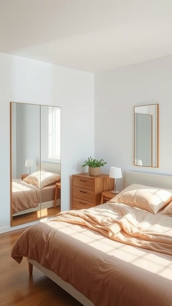 A bright bedroom with mirrors reflecting light and a cozy neutral color scheme.