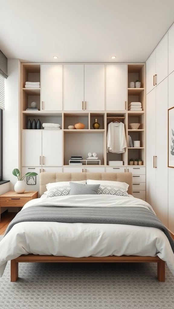 A modern bedroom with a bed and organized storage solutions.