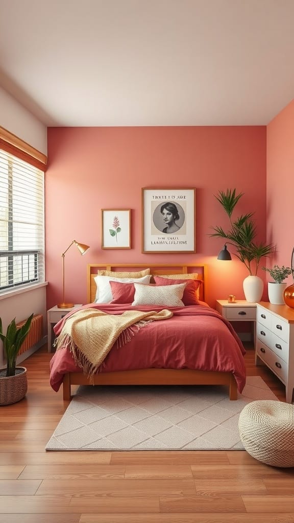 A cozy spring bedroom featuring a pink accent wall, wooden furniture, and bright decorative elements.