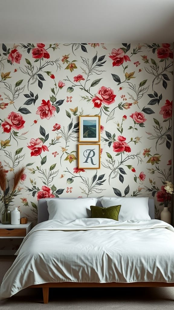 Bedroom with floral wallpaper accent wall, featuring a bed with white linens and colorful decor.