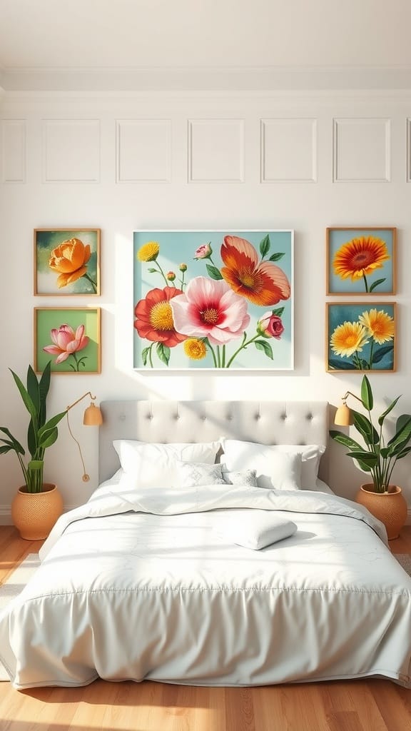 A bright and airy bedroom featuring floral artwork, perfect for spring decor.