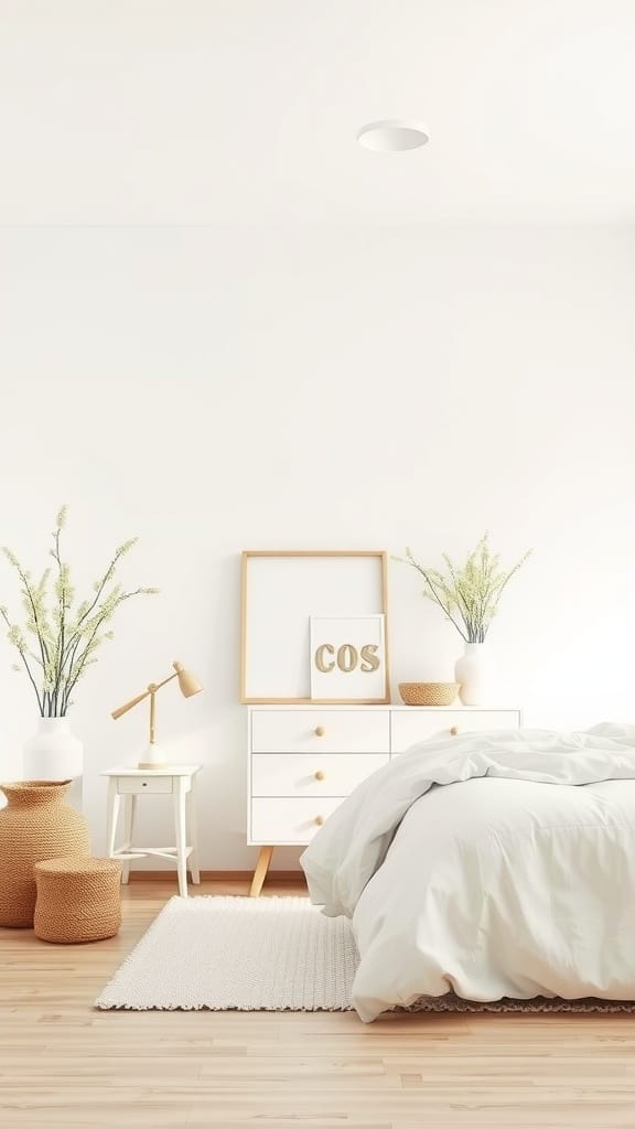 A minimalist spring bedroom featuring light colors and natural decor.