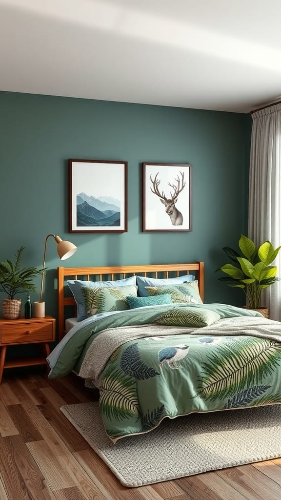 A bedroom with a green wall, wooden furniture, and nature-inspired bedding featuring leaves and birds.