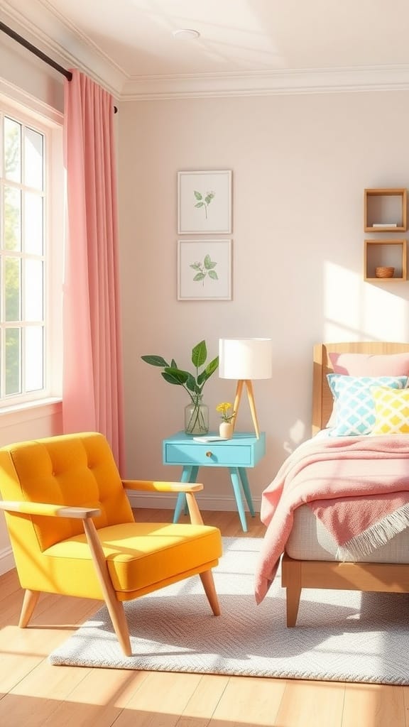 A bright and inviting spring bedroom featuring colorful furniture and decor.