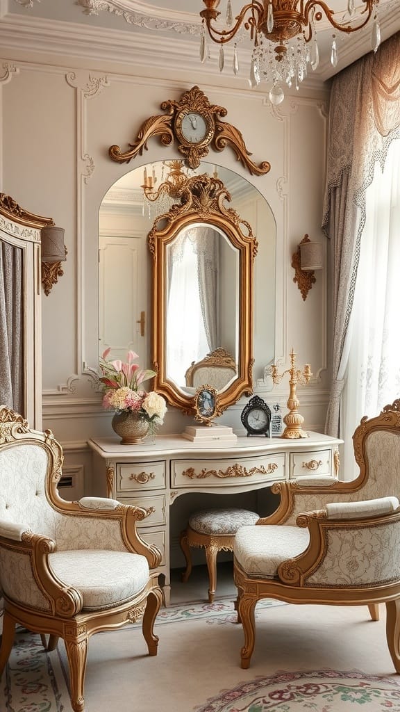 An elegant Edwardian dressing room with vintage furniture and a large mirror.