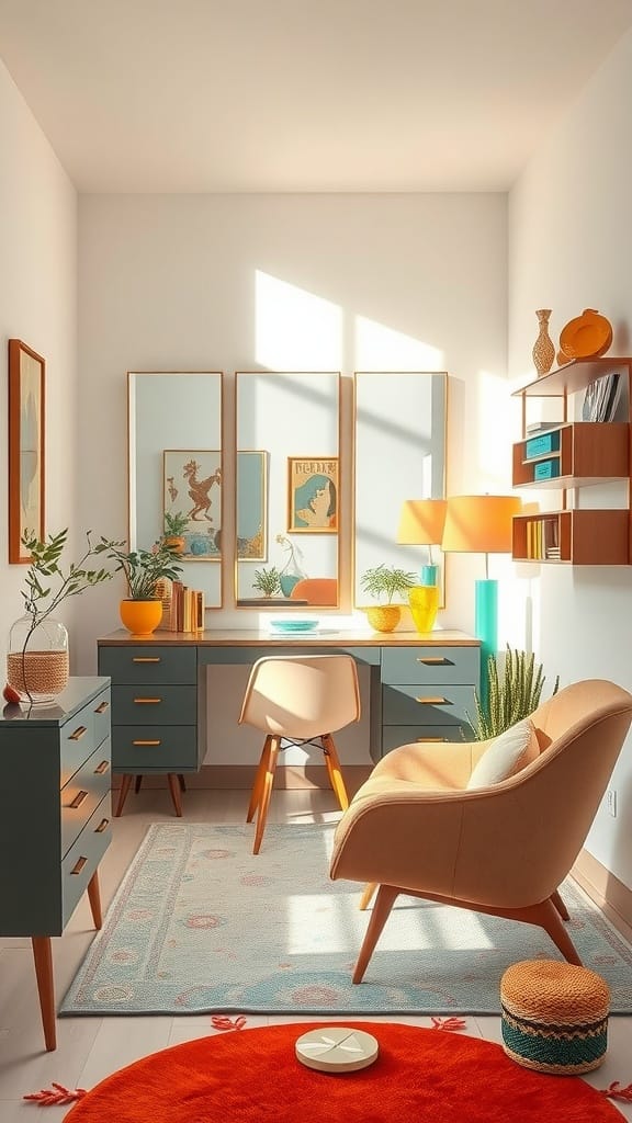 A mid-century modern dressing room featuring a stylish desk, mirrors, and colorful decor.
