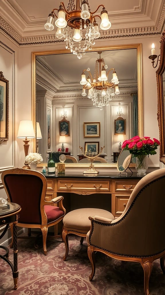 A luxurious vintage dressing room with elegant decor, featuring a vanity, ornate mirrors, and stylish seating.