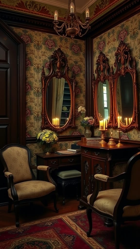 Gothic Revival dressing room featuring ornate mirrors, vintage chairs, and detailed wallpaper.