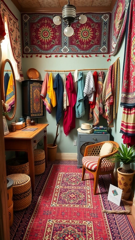 A cozy bohemian vintage dressing room with colorful fabrics, a wooden table, and eclectic decor.