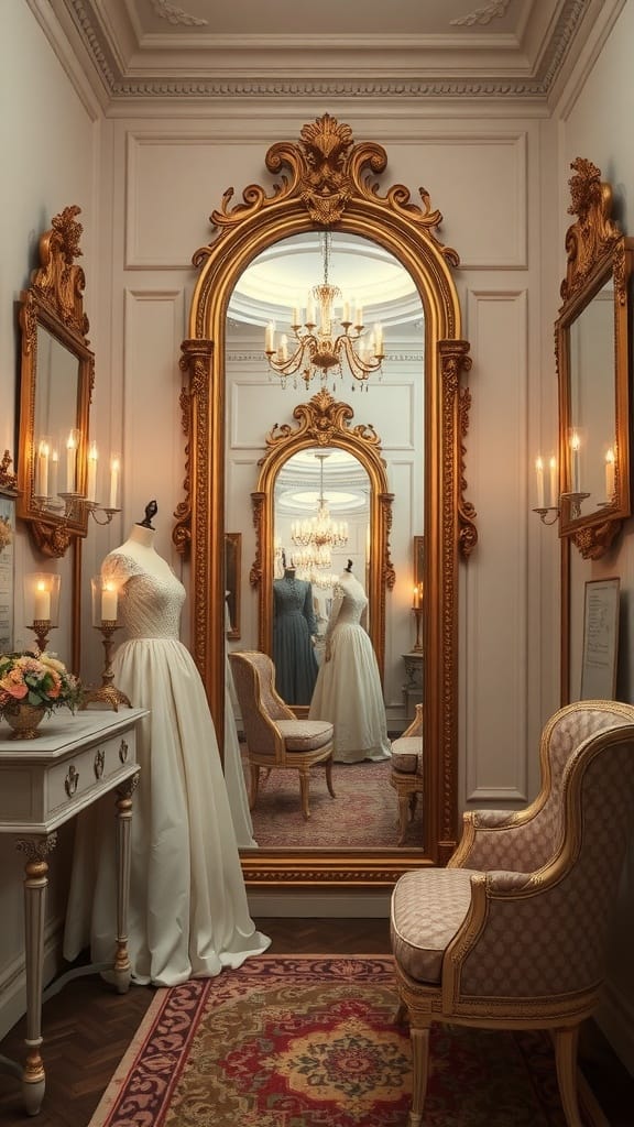 A vintage dressing room with elegant mirrors and soft lighting, showcasing a beautiful gown.