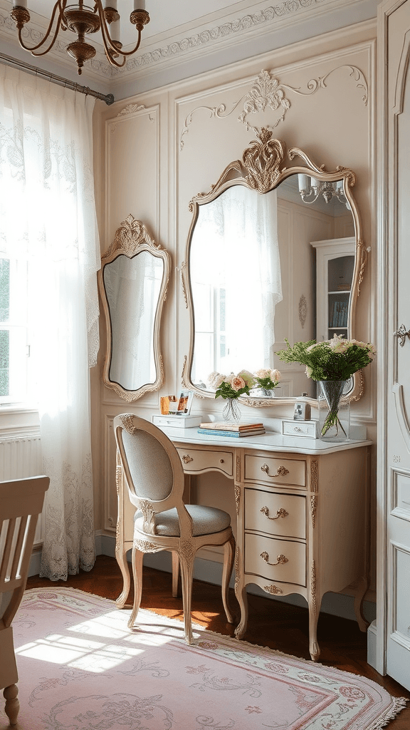 A vintage French Provincial dressing room featuring elegant furniture and soft lighting.