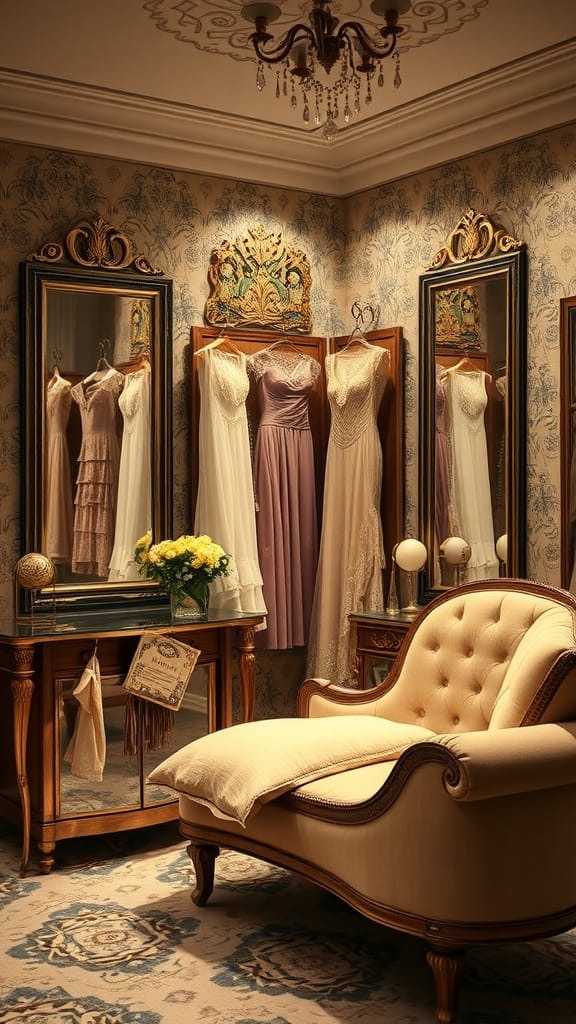 Vintage dressing room showcasing elegant dresses, mirrors, and a stylish chaise lounge.