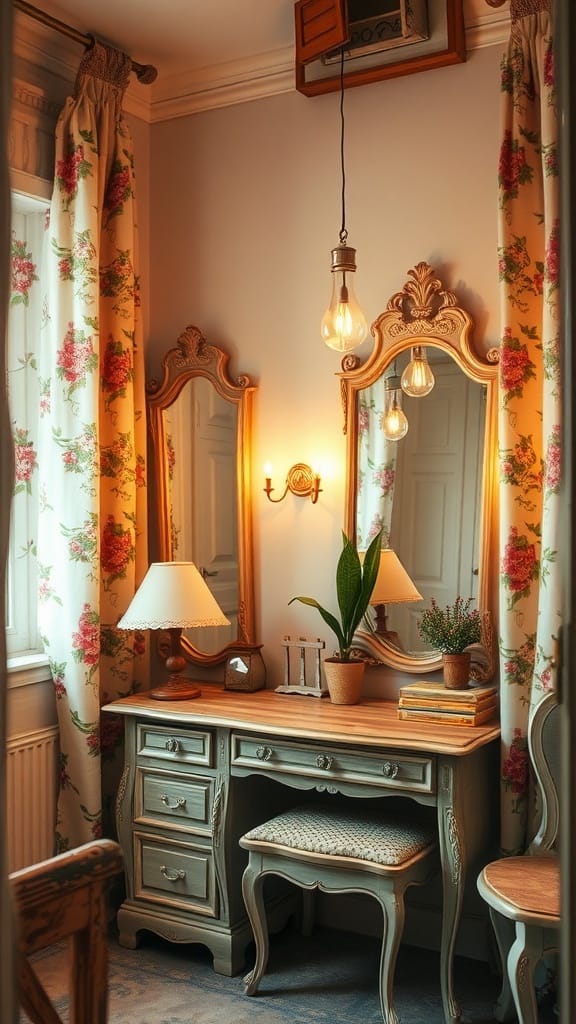A cozy shabby chic dressing room with vintage decor, soft lighting, and floral curtains.