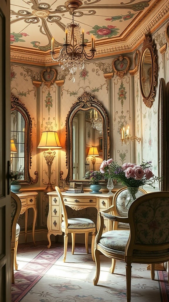 Art Nouveau vintage dressing room with floral designs and elegant furniture.