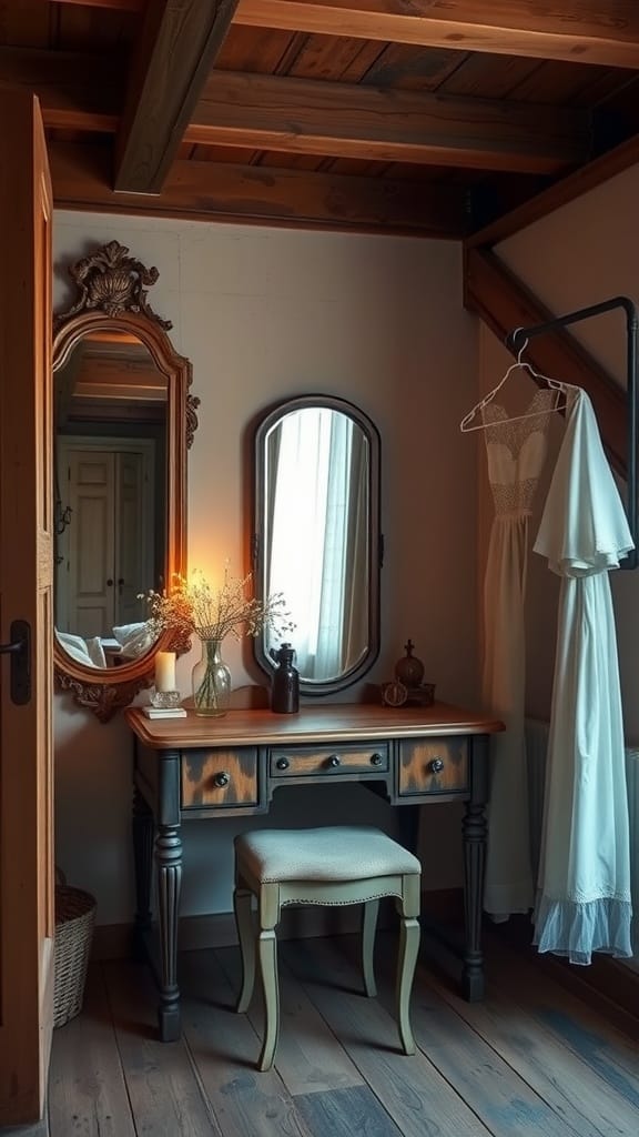 A cozy rustic vintage dressing room featuring a wooden vanity, mirrors, and a dress hanging.