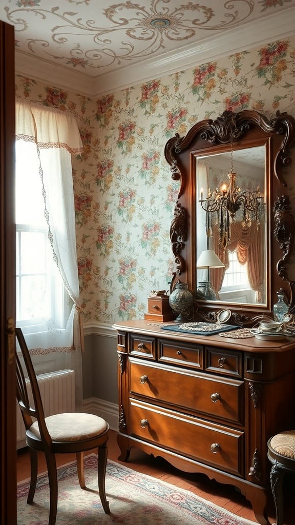 A cozy vintage dressing room featuring floral wallpaper, a wooden dresser, and a mirror.