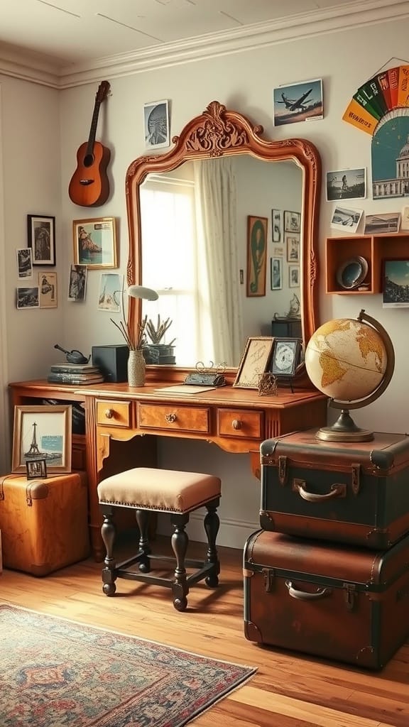 A vintage travel-themed dressing room featuring a wooden desk, a large mirror, and travel-themed decor.