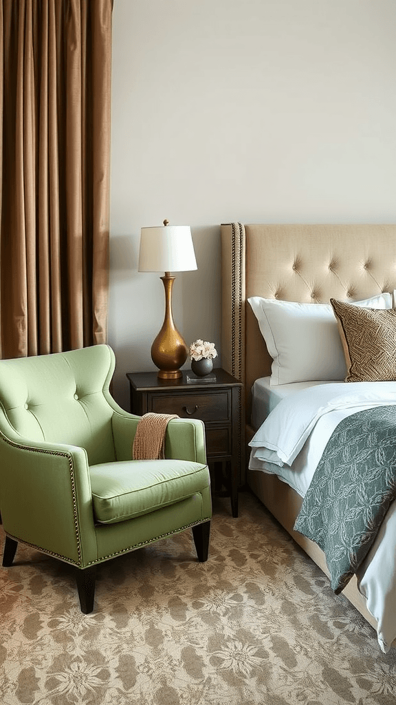 A cozy reading nook in a sage green bedroom with a chair, bookshelf, and soft decor.