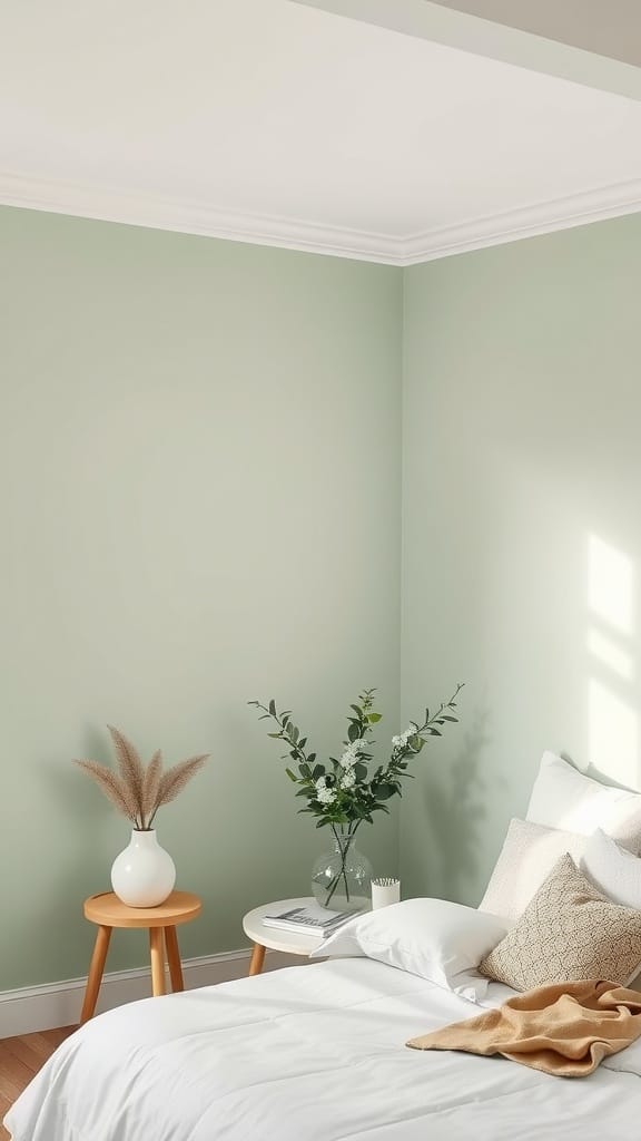 A serene bedroom featuring soft sage green walls with white bedding and natural decor.