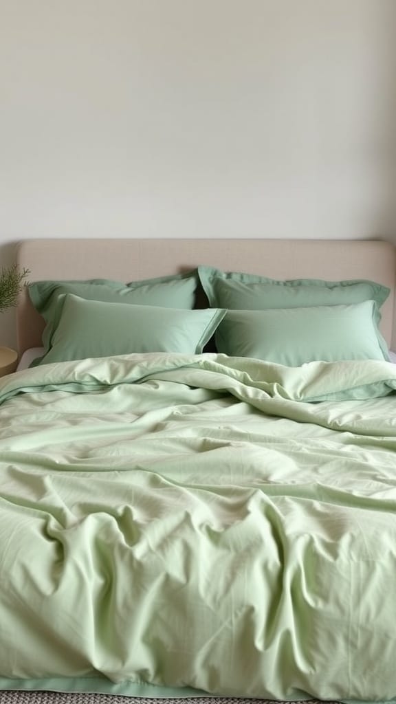 A cozy sage green bedding set with soft pillows and a simple headboard.