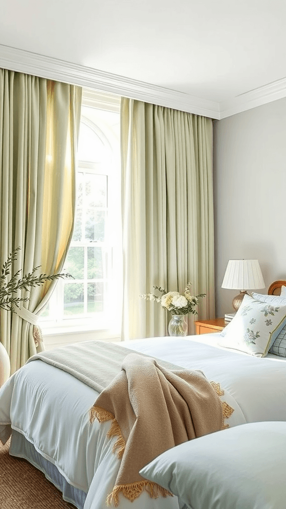 Sage green curtains in a bright bedroom setting with natural light.