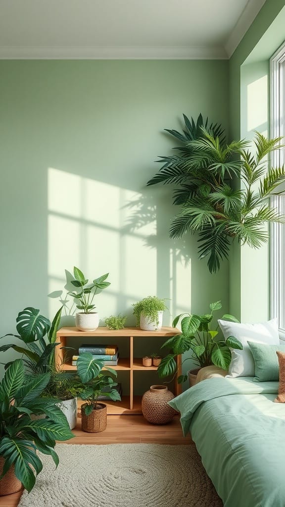 A cozy bedroom decorated in sage green with various indoor plants.