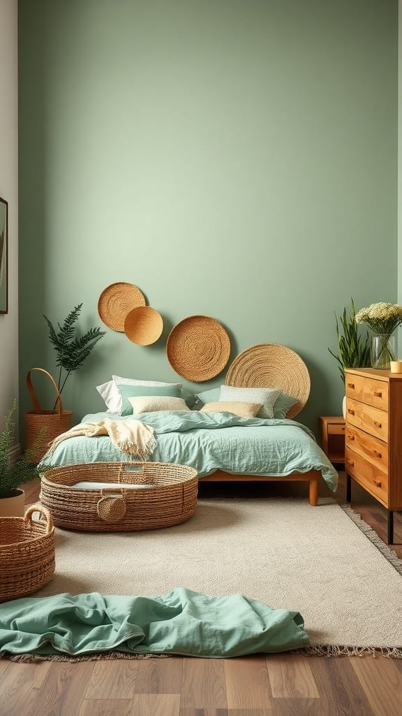 A beautifully styled sage green bedroom featuring textured elements like woven baskets and wooden furniture.