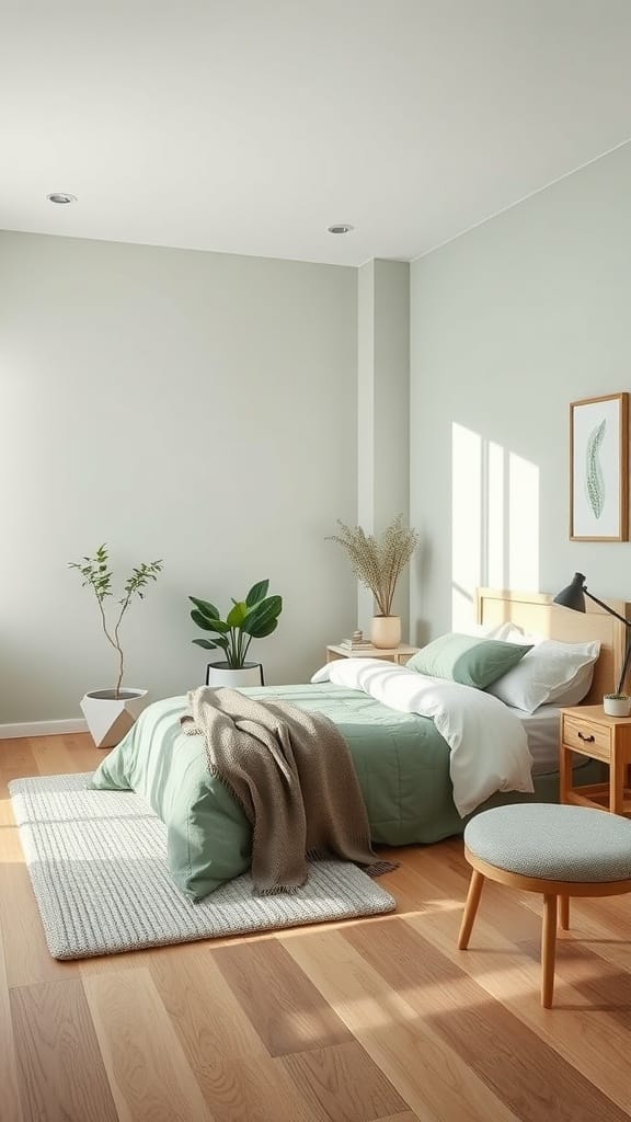 Minimalist sage green bedroom with a bed, plants, and wooden furniture.