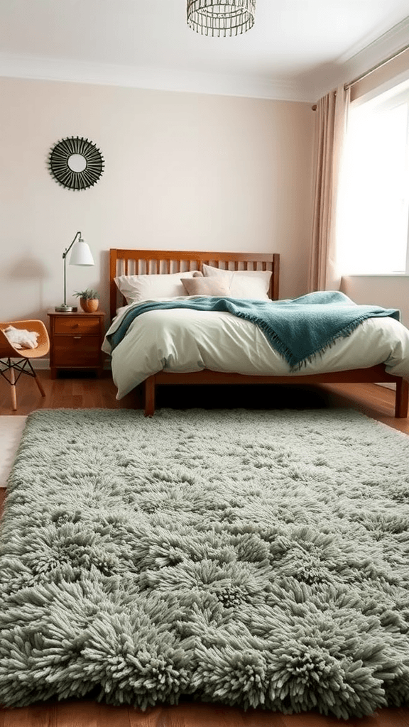 A cozy bedroom featuring a sage green rug and a wooden bed frame under sunlight.