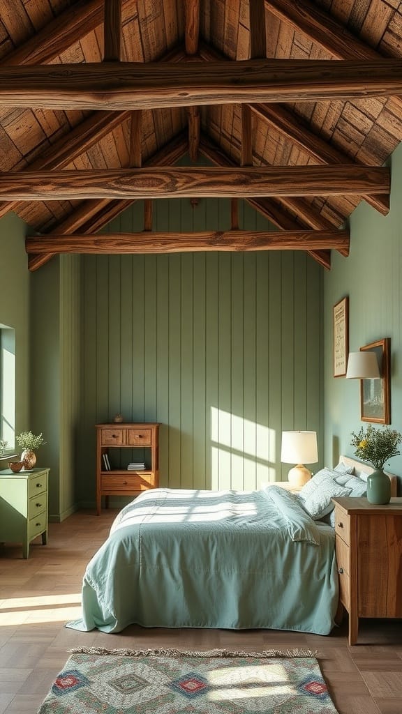 A bright bedroom featuring sage green walls and wooden furniture.