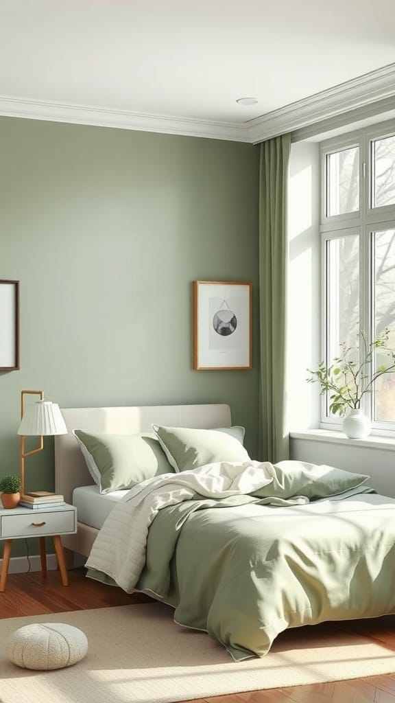 A stylish sage green bedroom with light bedding and natural light.