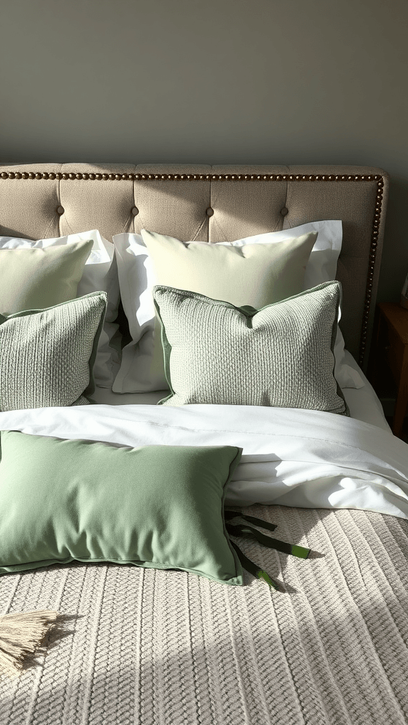 A stylish bedroom featuring sage green wallpaper and a cozy bed.