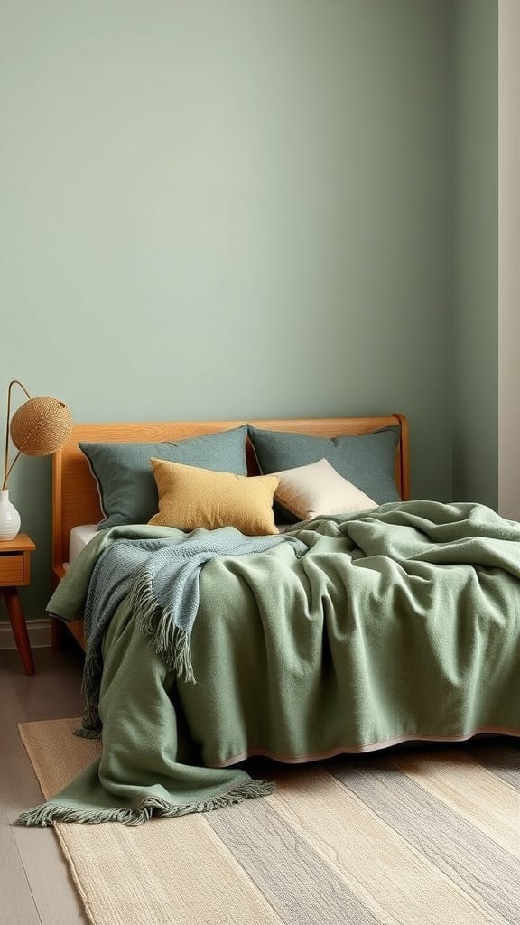 Cozy sage green bedroom with layered textiles, including a soft blanket and decorative pillows.