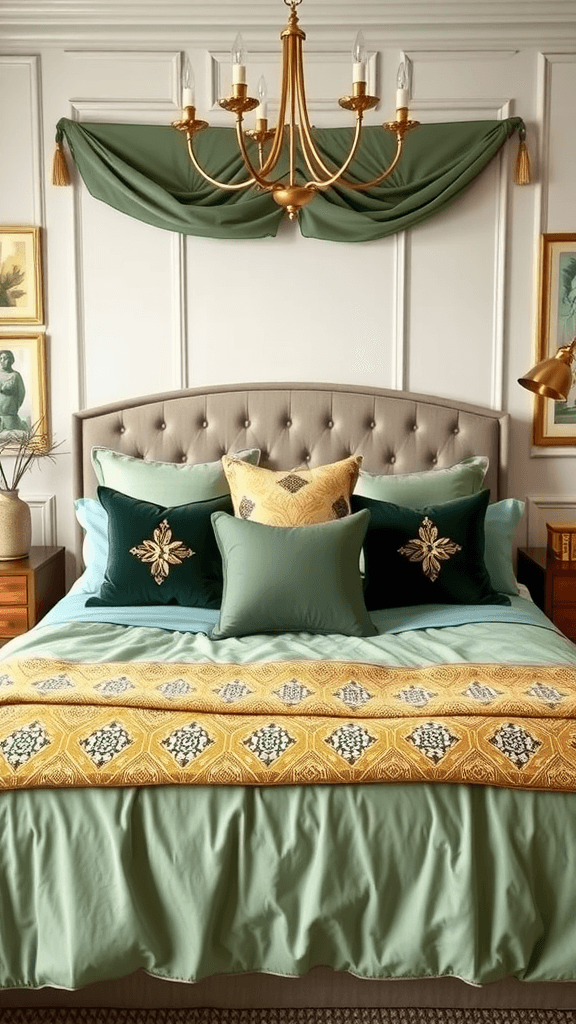 A cozy bedroom featuring sage green walls, a gold-accented lamp, and a comfortable bed with sage green bedding.