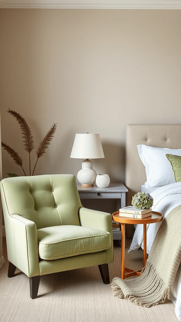 Cozy sage green accent chair beside a wooden side table with a plant, set in a serene bedroom atmosphere.