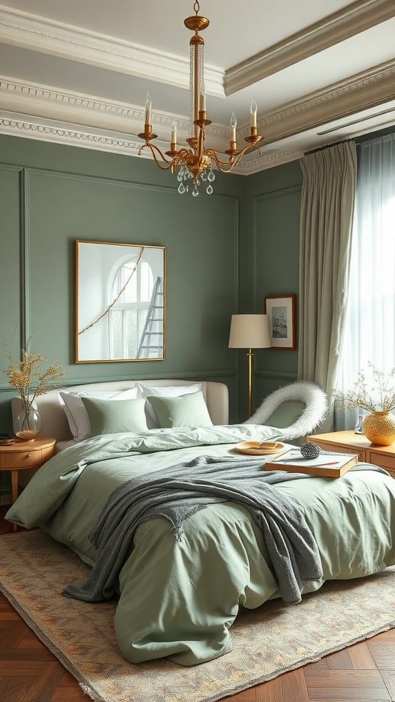 A beautifully decorated sage green bedroom featuring a bed with soft linens, a stylish chandelier, and warm wooden furniture.