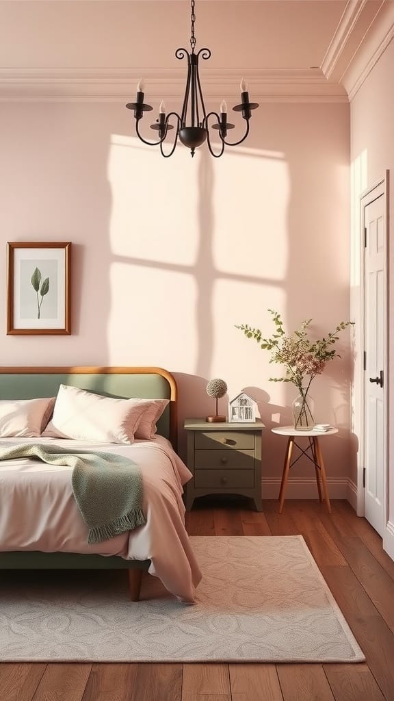 Cozy bedroom with sage green bed and blush accents.