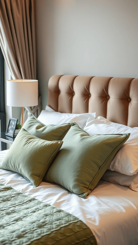 Sage green accent pillows on a bed