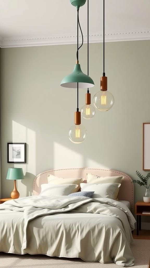 A stylish sage green bedroom with unique lighting fixtures.