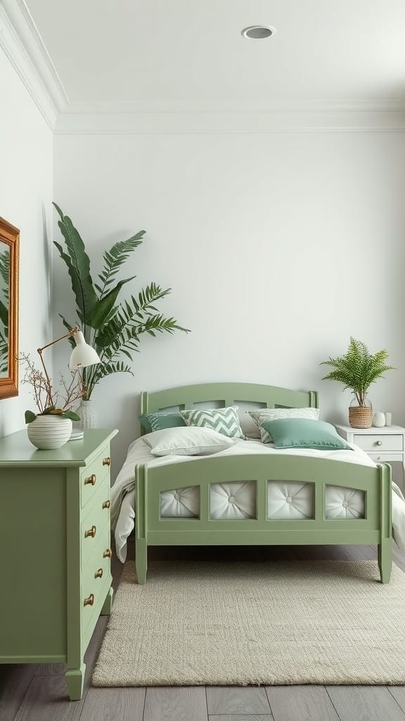 A cozy sage green bedroom featuring a bed frame and dresser.