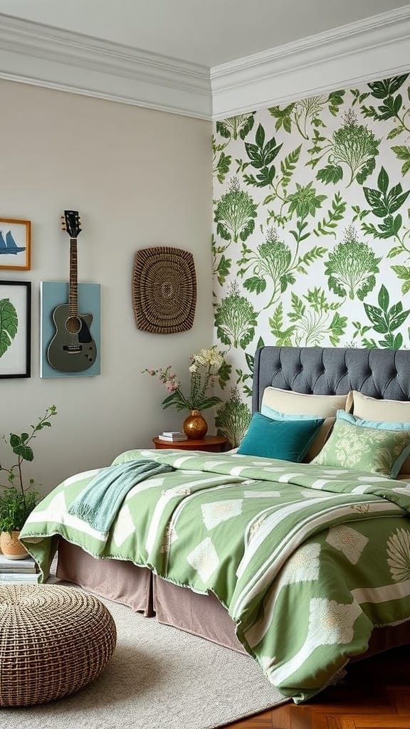 A stylish sage green bedroom featuring floral wallpaper, a patterned duvet, and various decorative elements.