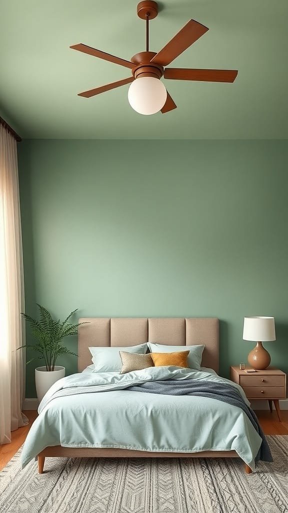 A bedroom featuring sage green walls and ceiling, with a cozy bed and stylish decor.