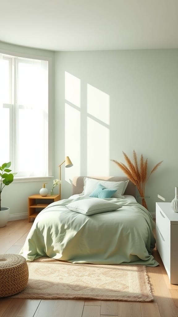 A cozy bedroom featuring sage green walls and decor.
