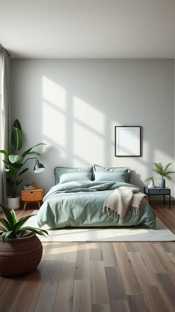 A sage green bedroom featuring a bed with sage green bedding, wooden furniture, and plants.