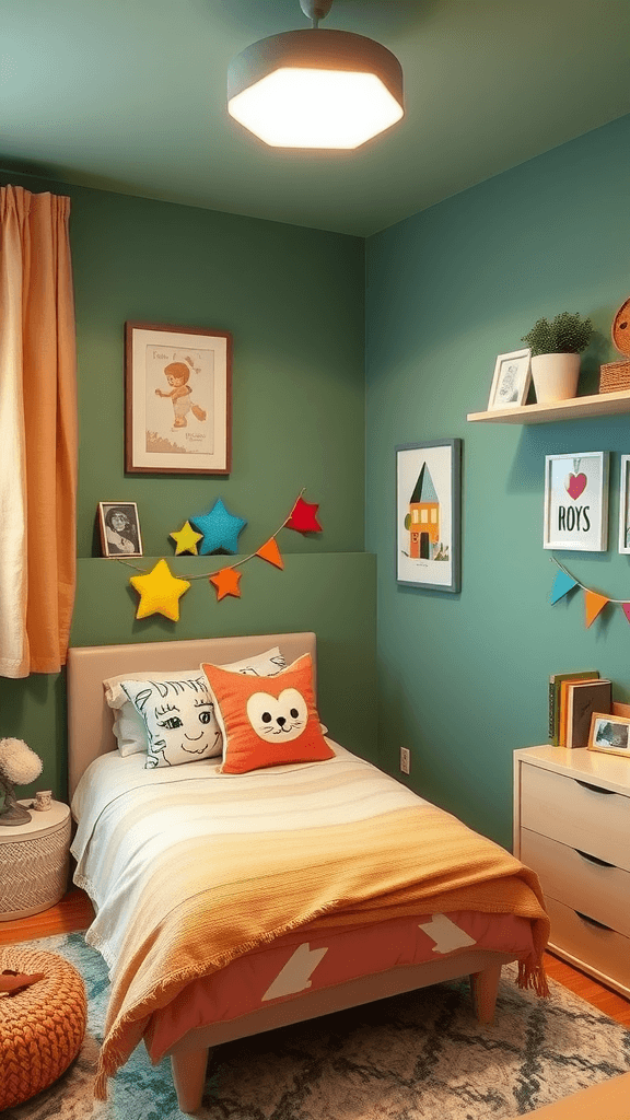A cozy children's bedroom featuring sage green walls, playful decor, stuffed animals, and a desk.