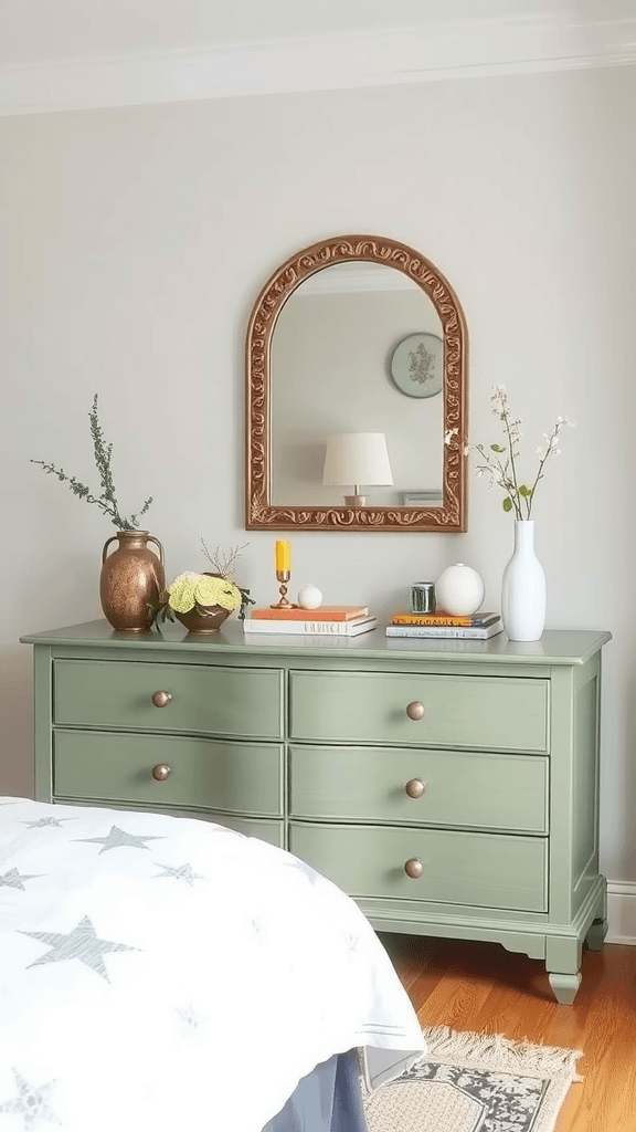A beautifully styled sage green dresser with frames, plants, and decorative accessories.