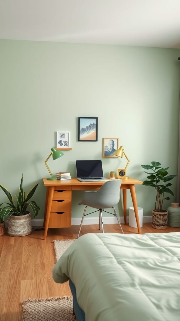 A serene bedroom desk area featuring sage green walls, a wooden desk, and plants.